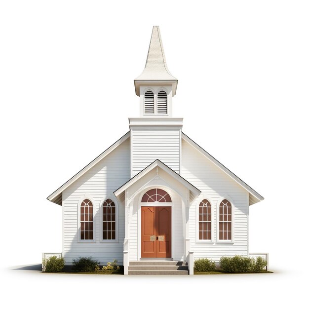 Foto una pequeña iglesia con un campanario blanco y una puerta roja