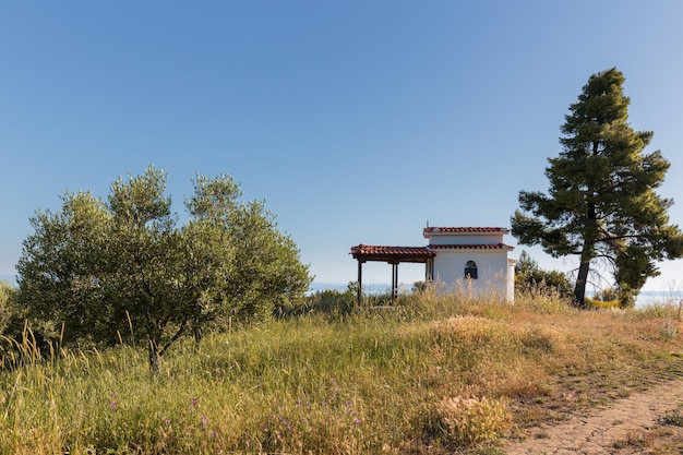 Foto pequena igreja antiga com paredes caiadas de branco e telhado de telhas no topo de uma colina cercada por oliveiras