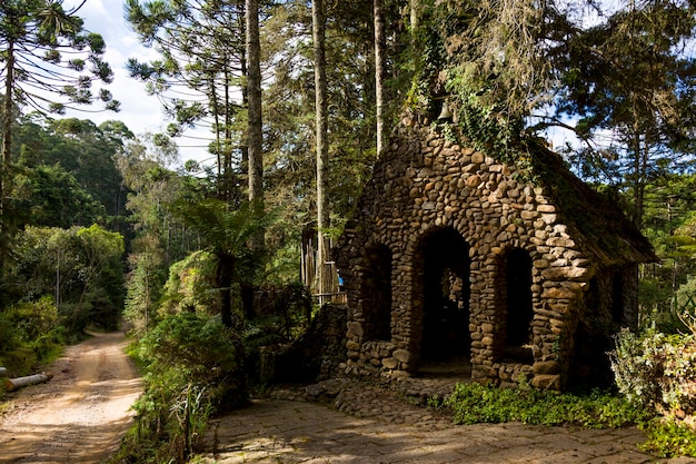 Pequena igreja velha de pedra, na floresta.