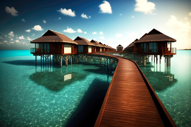 Pequena ilha com casas e ponte de madeira na ilha tropical das Maldivas