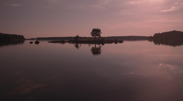 Pequena ilha na superfície da água calma do lago