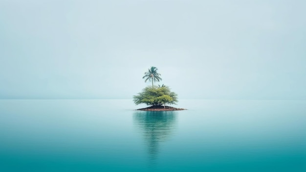 Pequena ilha no meio do mar calmo com um céu de palmeiras e água azul