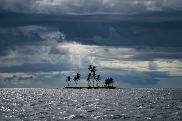 Pequena ilha tropical com coqueiros durante a solidão de aventura tempestuosa nublado e ...