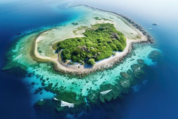 pequena ilha tropical paradisíaca com praia de areia branca e água azul transparente e recifes de coral