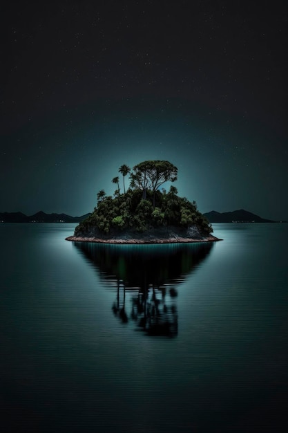 Una pequeña isla con árboles en el agua por la noche.