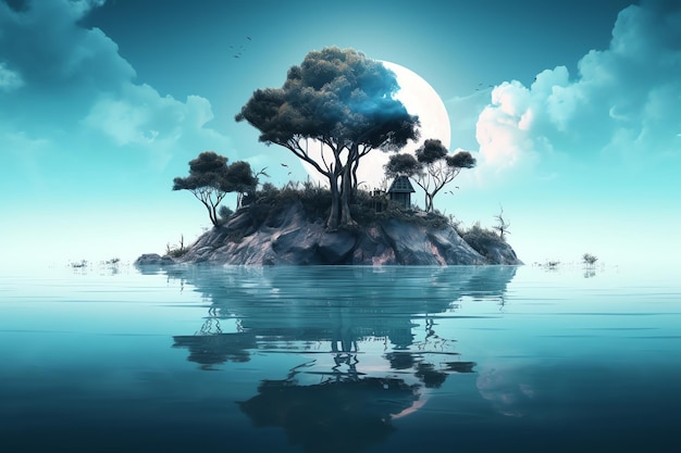 Una pequeña isla con árboles y la luna al fondo.