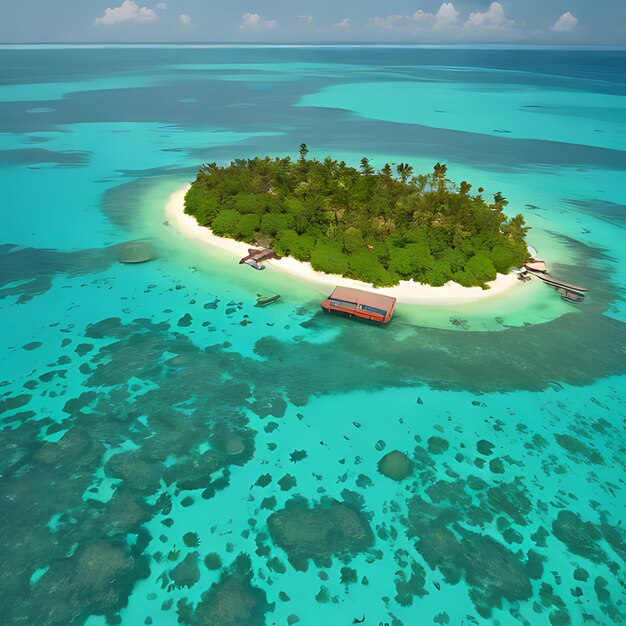 una pequeña isla con un barco en el agua y una pequeña isla en el agua