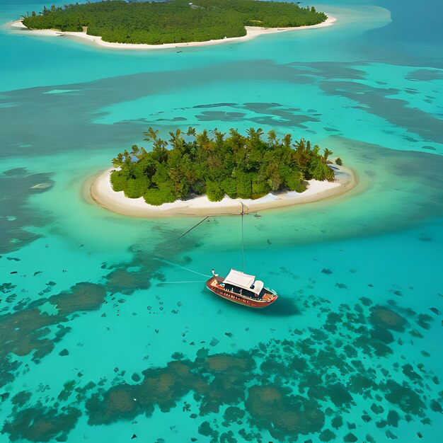 una pequeña isla con un barco en el agua y una pequeña isla en el medio