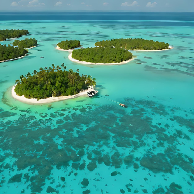 una pequeña isla con un barco en el agua y una pequeña isla en el medio