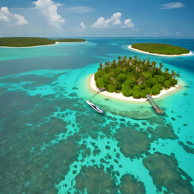 una pequeña isla con un barco en el agua y una pequeña isla en el medio