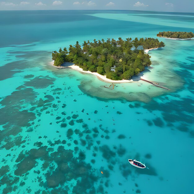 una pequeña isla con un barco y muchas islas pequeñas en el agua