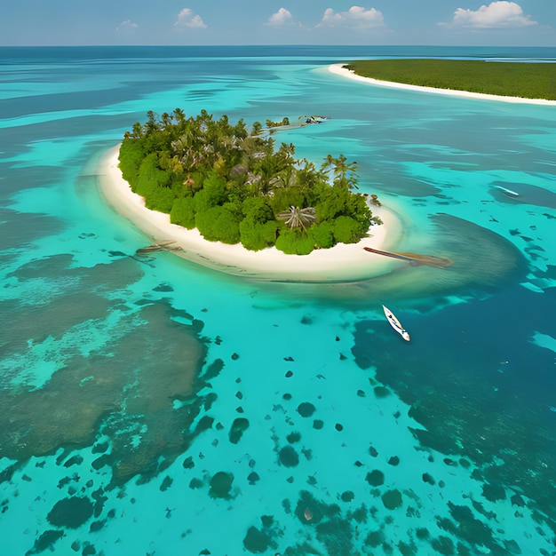 una pequeña isla con un barco y palmeras en ella