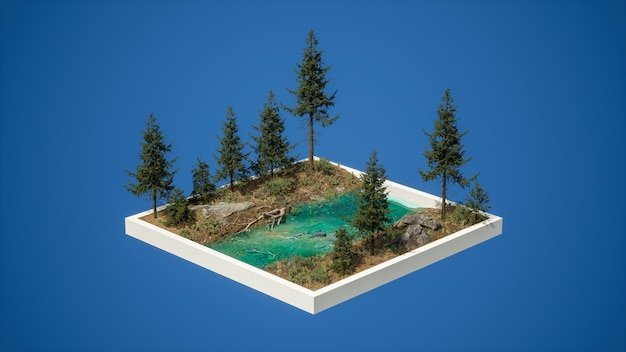 Una pequeña isla con un bosque de pinos Muestra una vista isométrica en 3D de un pequeño jardín con un alfiler