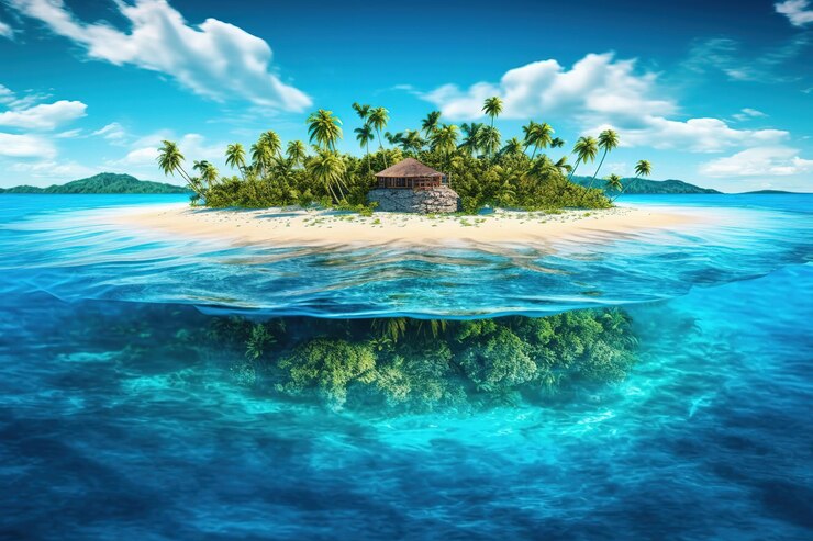 Foto una pequeña isla con una choza en ella y el fondo de la misma
