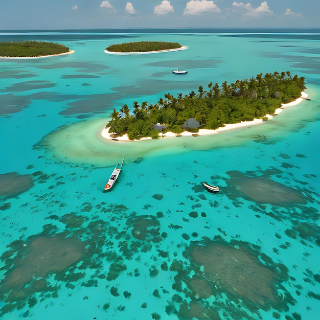 Foto una pequeña isla con una fila de palmeras en el agua