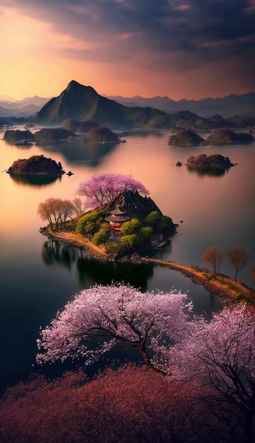 Una pequeña isla con flores de cerezo en medio del agua