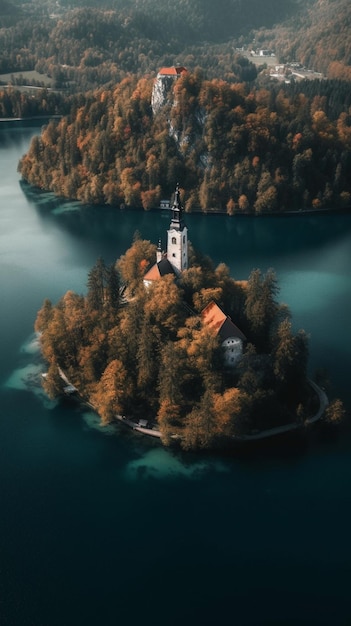 Una pequeña isla con una iglesia en ella.