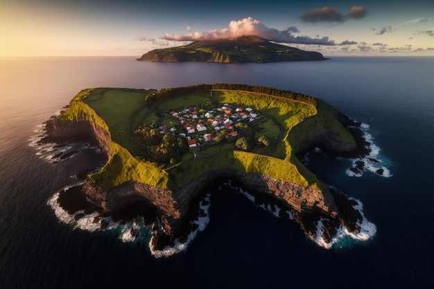 Una pequeña isla con una isla verde en medio del océano.