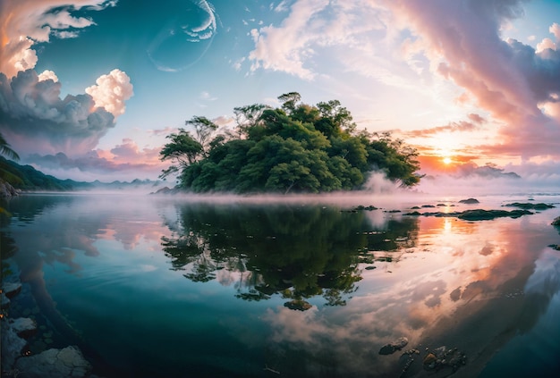 Pequeña isla en el lago y cielo nublado de colores