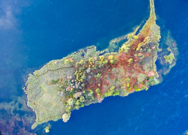 Una pequeña isla en medio del lago, hojas de otoño amarillas en los árboles. Vista de drones.