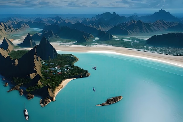 Una pequeña isla con una montaña al fondo.