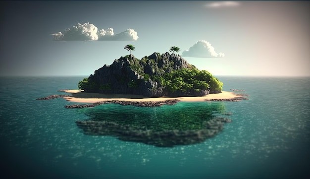 Pequeña isla en el océano con palmeras y arena IA generativa