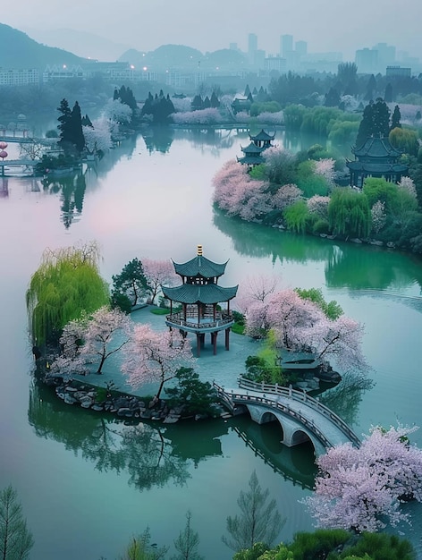 una pequeña isla con una pagoda y un puente en el medio del lago generativo ai