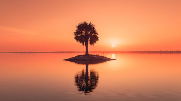 Una pequeña isla con una palmera en medio.