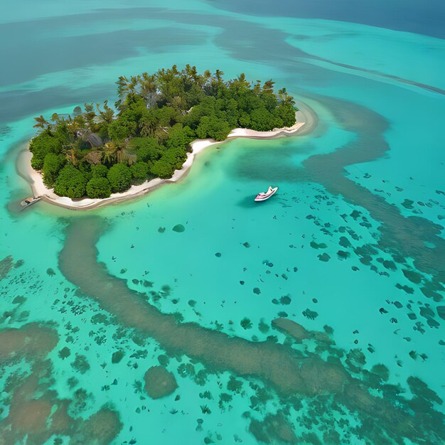 Una pequeña isla con una pequeña isla con un pequeño barco en el agua