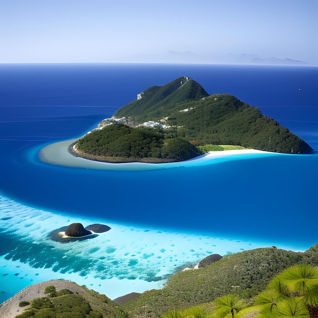 Una pequeña isla con playa y árboles en primer plano.