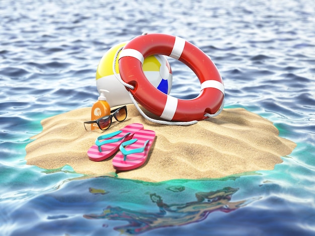Pequeña isla con salvavidas y chanclas concepto de seguridad de vacaciones de viaje de verano
