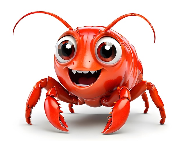 Pequena lagosta animada com olhos grandes em fundo branco