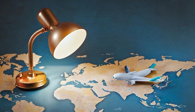 una pequeña lámpara de mesa y un avión en un mapa del mundo el concepto de viaje al extranjero aventura