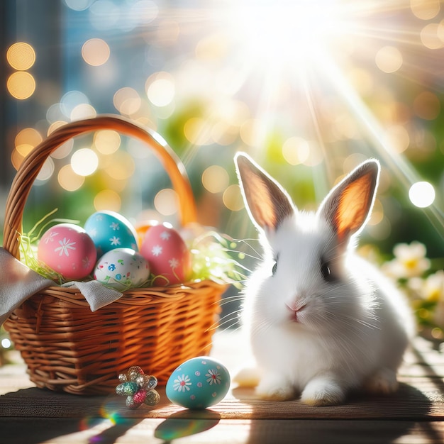 Foto una pequeña liebre blanca entre los huevos de pascua con encaje de gipsófila brilla rayos bokehsun en colores brillantes