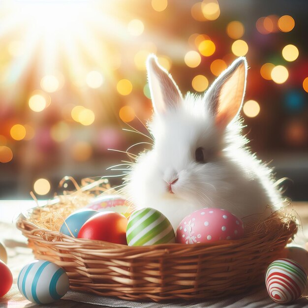 Una pequeña liebre blanca entre los huevos de Pascua con encaje de gipsófila brilla rayos bokehsun en colores brillantes