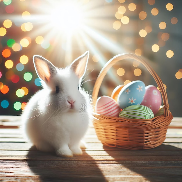 Una pequeña liebre blanca entre los huevos de Pascua con encaje de gipsófila brilla rayos bokehsun en colores brillantes