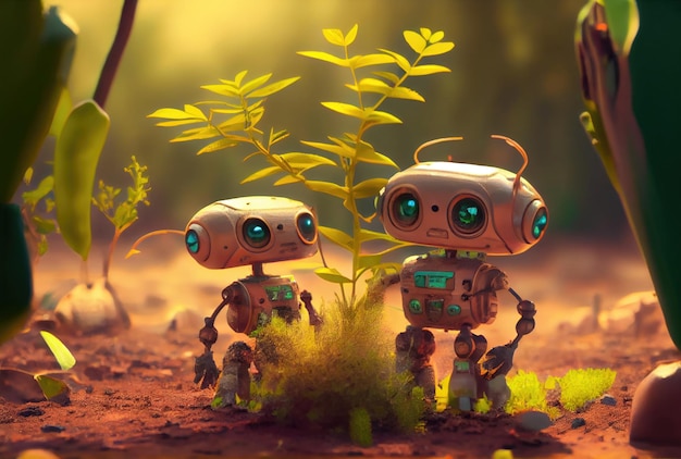 Pequeña y linda familia de robots inteligentes que vive en el bosque y sostiene plántulas para plantar un bosque Conservación del medio ambiente y concepto de tecnología IA generativa