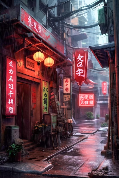 Pequena loja no beco de Tóquio, estilo cyberpunk, futura rua japonesa AI gerada