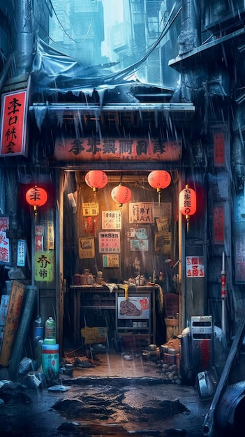 Pequena loja no beco de Tóquio, estilo cyberpunk, futura rua japonesa AI gerada