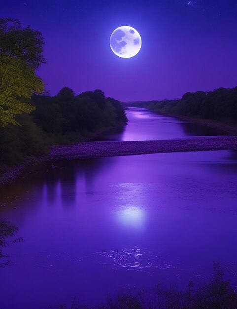 Foto la pequeña luna llena y la estrella en el cielo son un río.