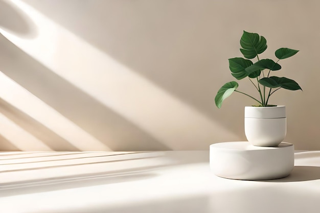 Una pequeña maceta de cerámica blanca con una planta verde se sienta sobre una mesa blanca.