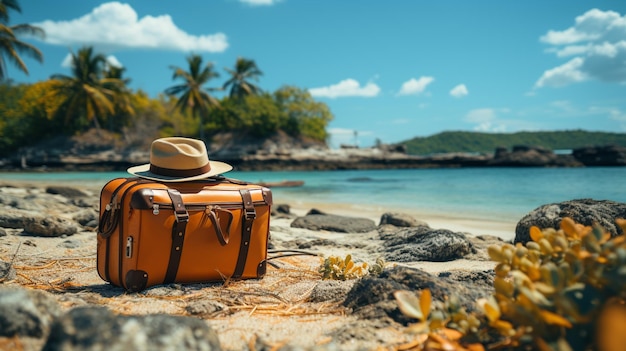 una pequeña maleta con arena tropical en la isla