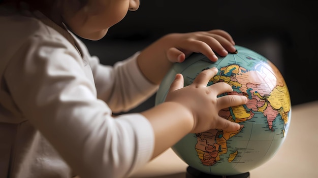 Pequeña mano de un niño que explora jugar y divertirse con el globo terráqueo día de la tierra aprendizaje y conciencia concepto ai generativo