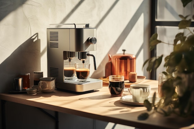 Pequeña máquina de café espresso grande y moderna habitación tipo loft minimalista en el fondo IA generativa