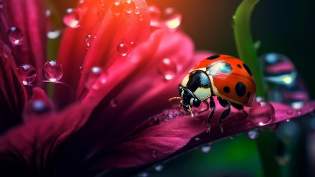 Foto una pequeña mariquita arrastrándose sobre un pétalo de flor generado por ia