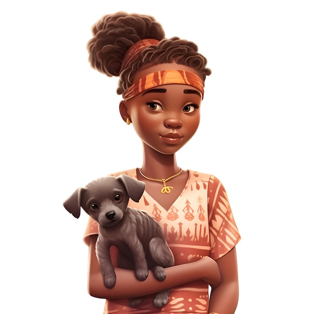 Pequena menina afro-americana com um cachorro isolada em fundo branco