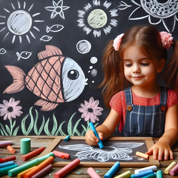 Foto pequena menina desenhando peixe com giz em um tabuleiro