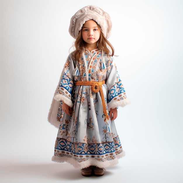 Pequena menina étnica kazaxa em roupas nacionais vintage retrô retrato em close-up em branco