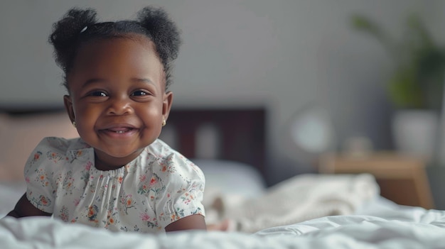 Pequena menina negra sorrindo para a câmera no quarto em casa banner publicitário com criança bonita posando panorama interior com espaço de cópia para o seu texto