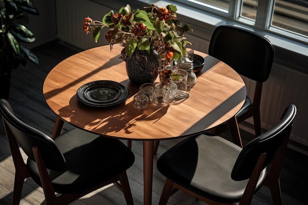 una pequeña mesa de comedor y una silla negra